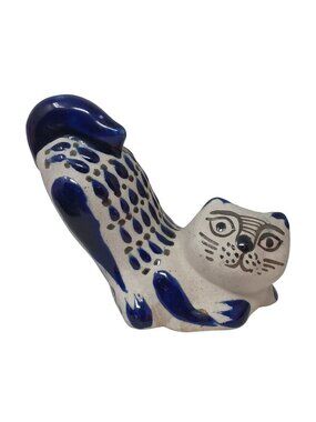 Ceramic Folk Art Cat Figurine Blue & White Handmade In Mexico #S-2